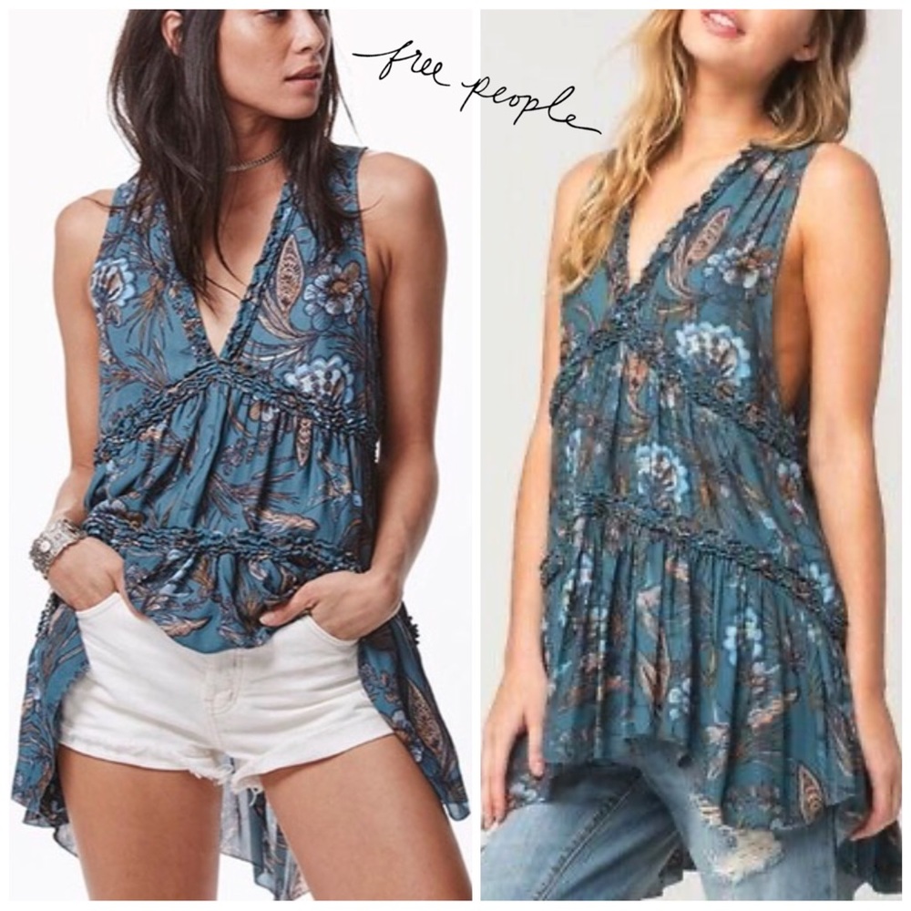 🌎Free People Floral Haze Hummingbird Turquoise Boho Tunic NWT~Small